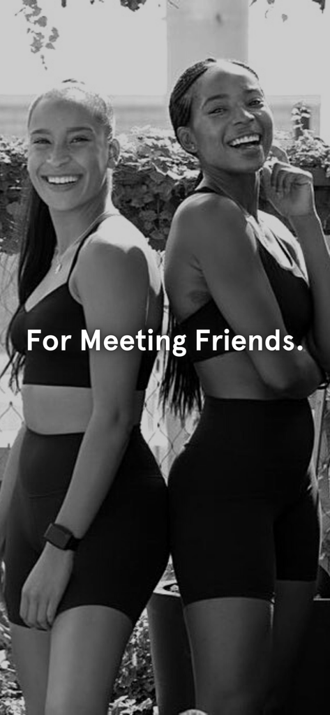 ateam - Duas mulheres sorrindo em roupas esportivas, de costas uma para a outra, com o texto Para Conhecer Amigos