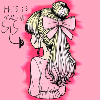 realistic girl  with hip length hair a bun and a big bow on the back of head