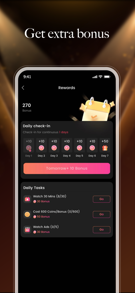 ボーナスコインを獲得するための毎日のチェックインとタスクが表示されるHiShortアプリの報酬画面。