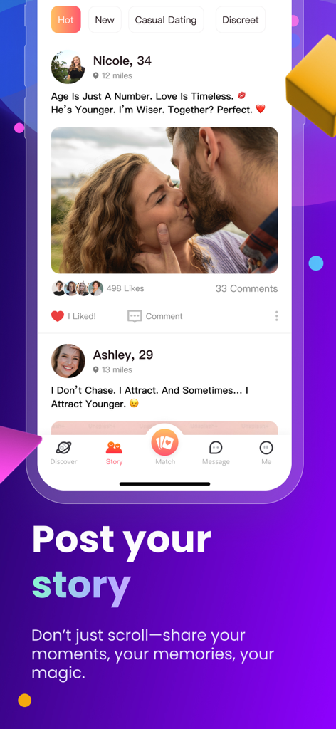 Cougar Dating: Age Gap Love - Eine mobile Benutzeroberfläche der Cougarly-Dating-App, die einen Social-Story-Feed zeigt, in dem Benutzer Fotos und Profil-Updates teilen