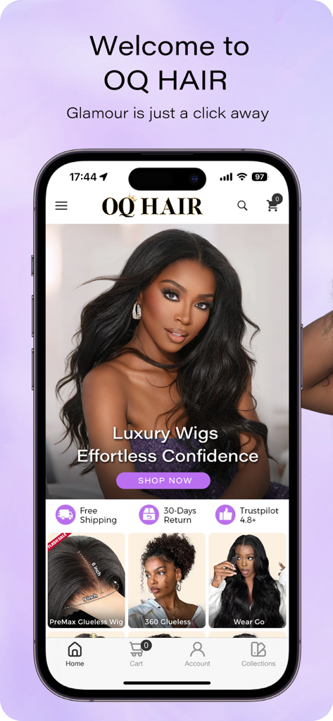 OQ Hair - Schermata principale dell'app mobile OQ Hair che mostra parrucche glueless di lusso e stili di capelli alla moda