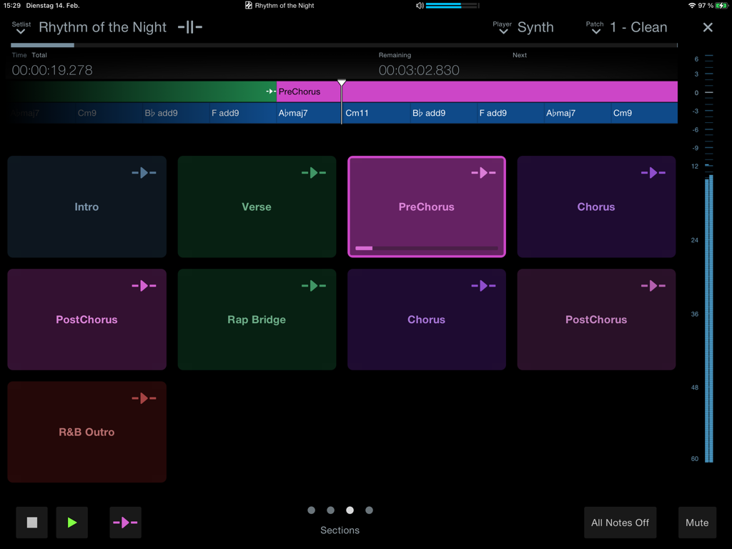 Performance view of the Studio Pro Remote app showing interactive song section tiles for live playback control