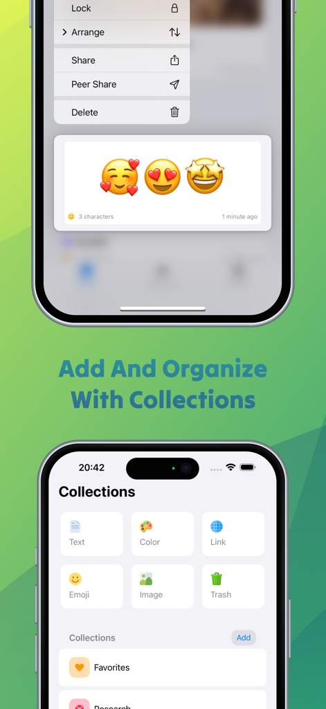 Screenshot dell'app PastePal che mostra l'organizzazione degli appunti con raccolte per il colore del testo e snippet di emoji