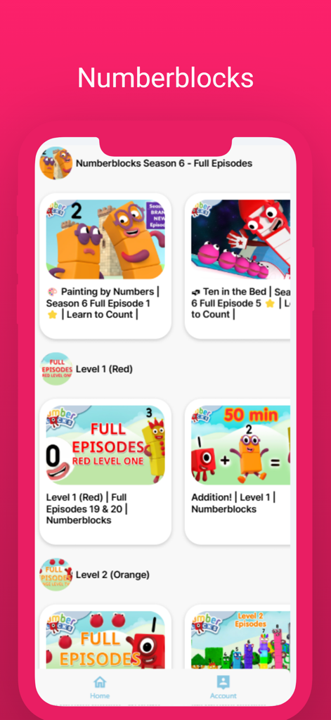 幼児向けの教育的な算数エピソードのコレクションが表示されているNumberblocksアプリのインターフェース