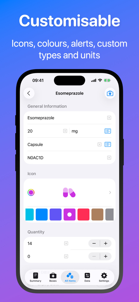 Ampoule - Medical Inventory - Interface of Ampoule app for customizing medication details with icons and colors