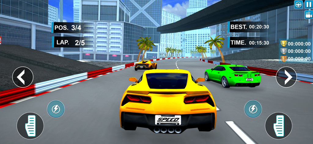 Race Master 3D - Car Game - Um carro esportivo amarelo correndo em um circuito urbano com arranha-céus e palmeiras no Race Master 3D.