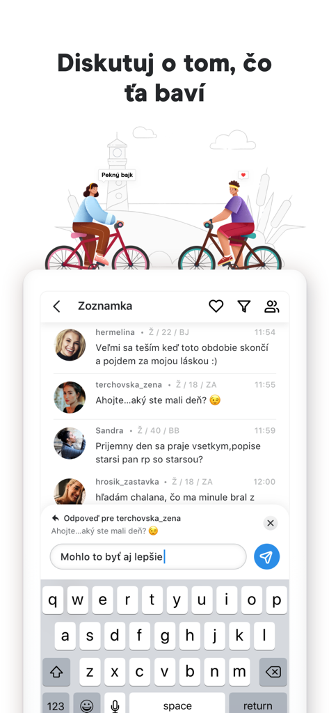 Pokec.sk - Zoznamka & Chat - Interface of Pokec.sk app showing dating profiles and a chat conversation in Slovak.