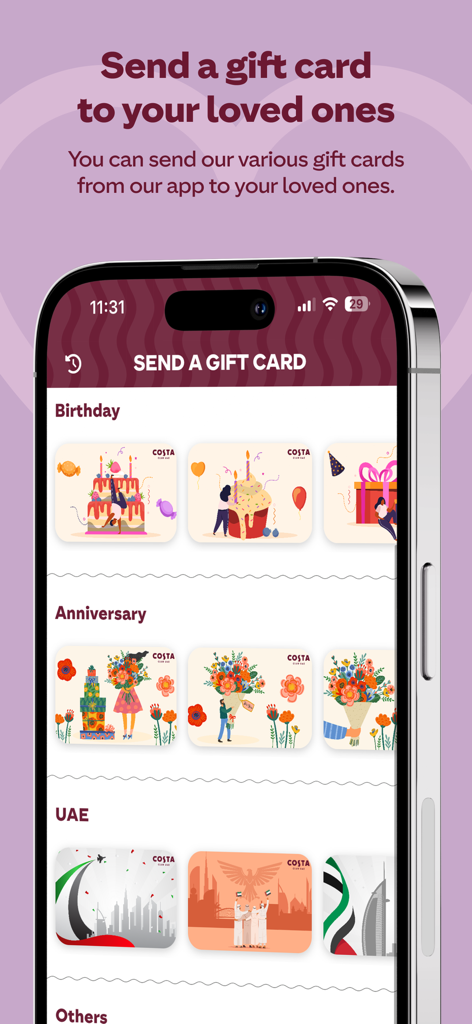 Costa Club UAE - Interface of the Costa Club UAE app showing a variety of digital gift cards for birthdays and anniversaries
