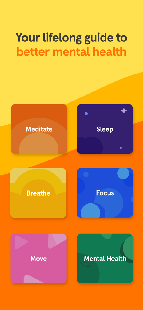 Headspace 앱 스크린샷으로 명상, 수면, 호흡, 집중, 운동, 정신 건강 카테고리가 노란색 배경에 표시됨