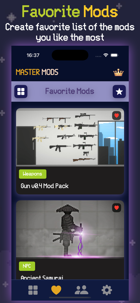 Mel Mods Skins For Ragdoll PG - Interface of the Mel Mods app showing a favorite mods list with a gun pack and a samurai character