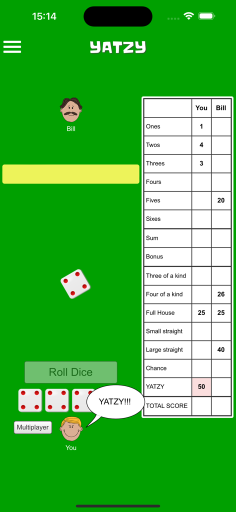 A screenshot of a Yatzy game within the CardGames.io app showing a green background with a scoreboard and simple character avatars.