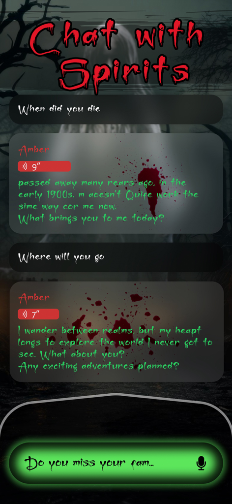 Chat-Oberfläche der AR Spirits Box App, die ein Gespräch mit einem Geist zeigt