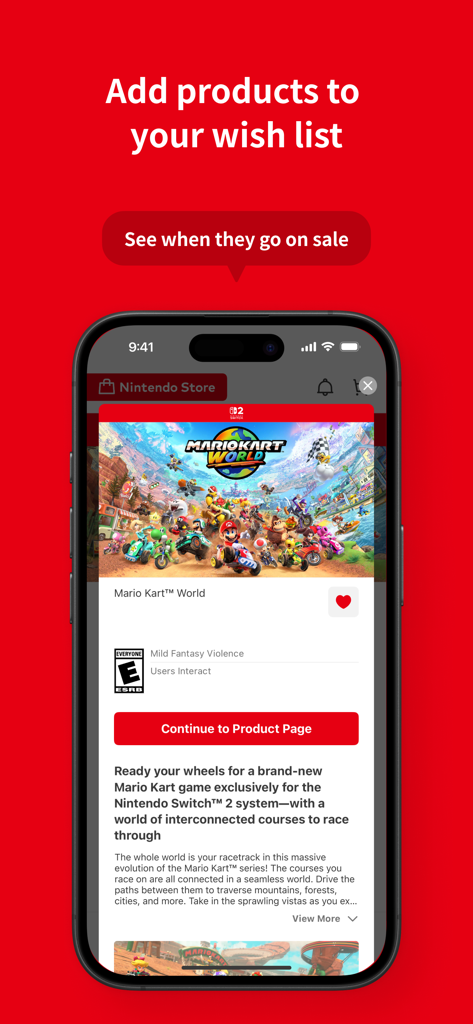 Nintendo Store - Nintendo Store app screenshot showing a Mario Kart World product page with options to add to a wish list and receive sale notifications.