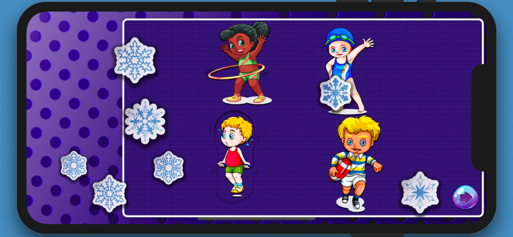 Toddler educational puzzle game screen featuring cartoon athletes and sports characters