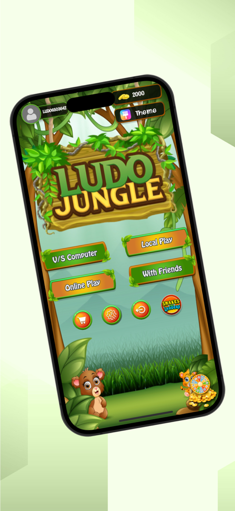Ludo Jungle - Main menu of the Ludo Jungle mobile app showing game options like Online Play and Local Play with a jungle background
