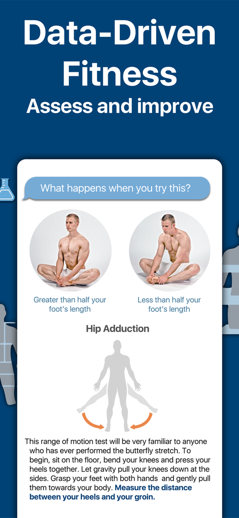 Tela de avaliação de mobilidade do aplicativo BodBot para adução do quadril com instruções de alongamento borboleta.