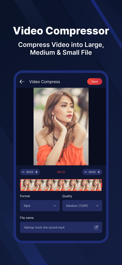 MP3 Converter & MP3 Cutter - Interface of the MP3 Converter app showing the Video Compressor tool with options for selecting file format and quality