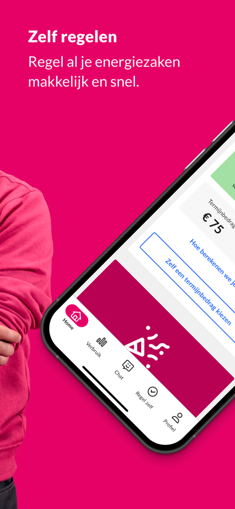 Essent - Essent energy app display showing monthly payment amount and self service navigation menu