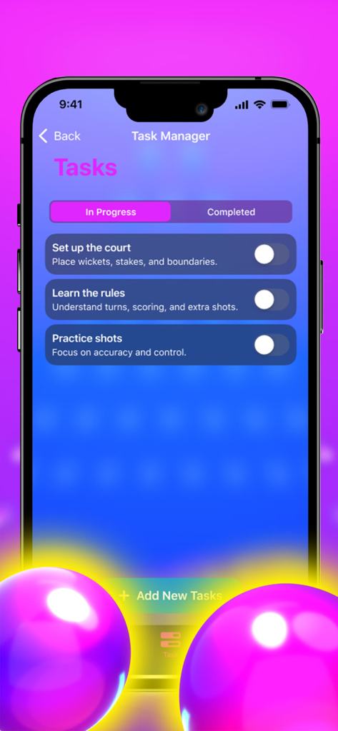 Daily croquet ball diary - Task manager interface of the Daily croquet ball diary app showing game preparation steps like setting up the court and practicing shots.