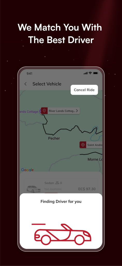 Ryde Go - Ryde Go mobile app screen showing a map and a notification that it is finding a driver for the user