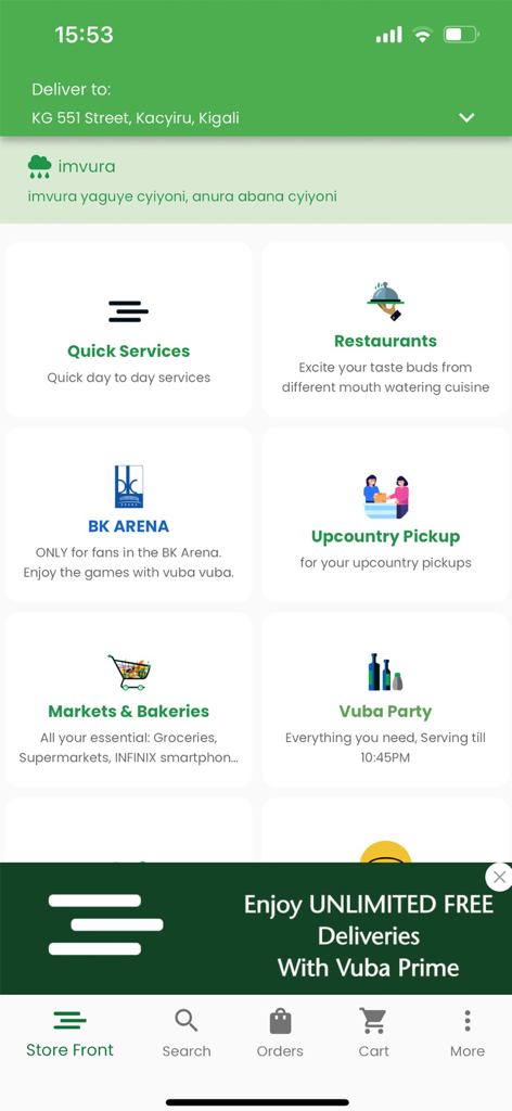 Vuba Vuba - Vuba Vuba mobile app home screen showing delivery categories for restaurants, markets, and bakeries in Kigali.