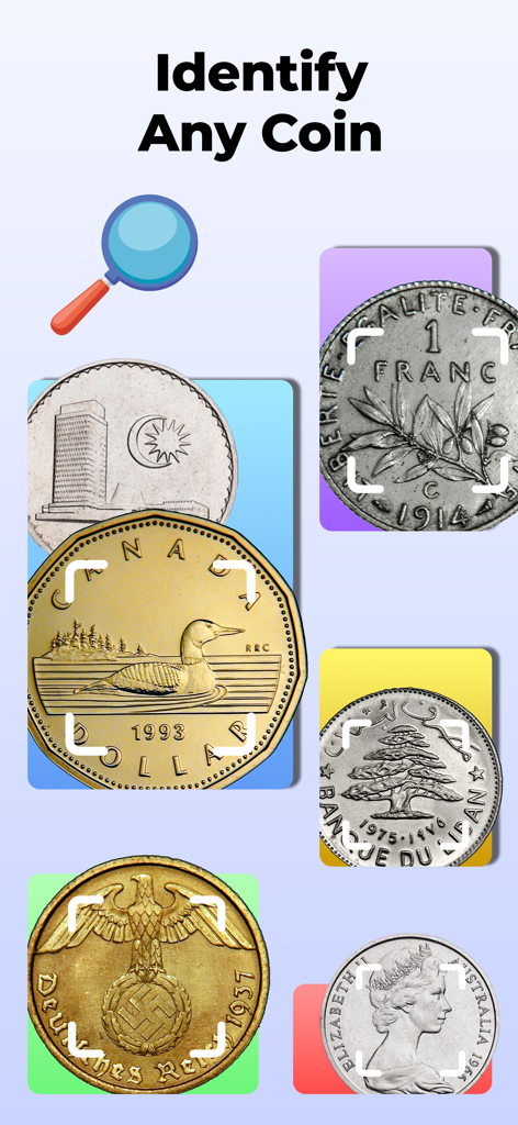Lens AI: Scan & Identify All - Función de Identificación de Cualquier Moneda en la aplicación Lens AI escaneando moneda internacional.