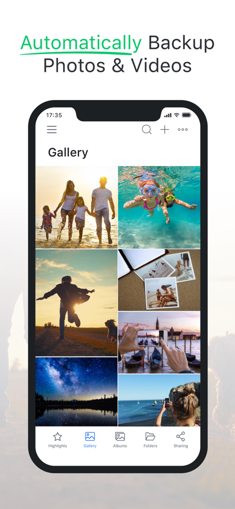 Total Drive - Cloud Storage - Total Drive Mobile App-Galerieansicht, die das automatische Backup von Familienfotos und -videos zeigt.