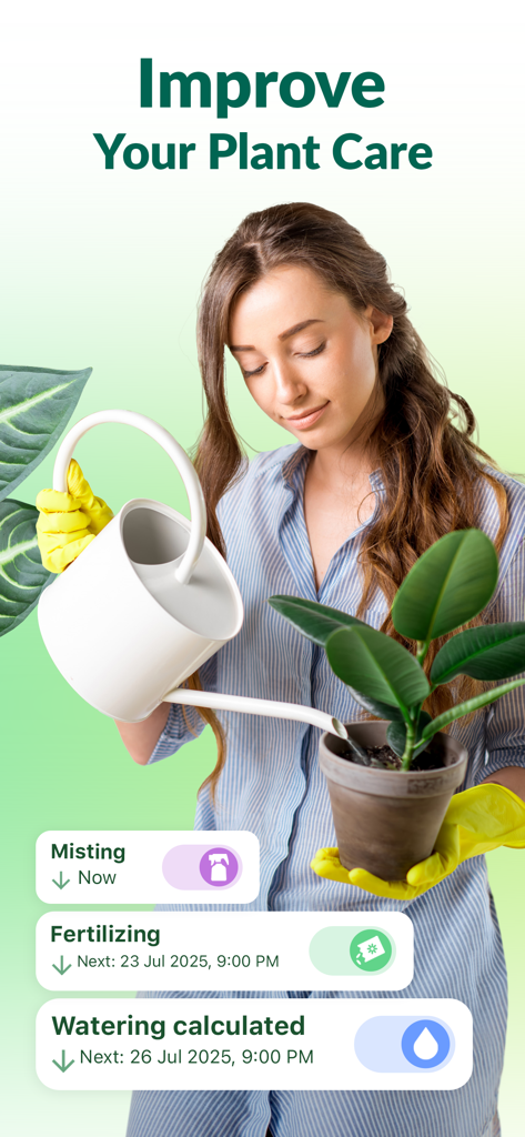 Plantum - AI Plant Identifier - Uma mulher regando uma planta com lembretes digitais para pulverização, fertilização e rega.
