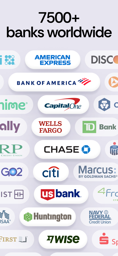 Un collage montrant les logos des banques et institutions financières mondiales populaires prises en charge par Spendee avec le texte 7500+ banques dans le monde.