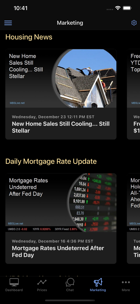 MBS Live - MBS Live app screen showing housing news and daily mortgage rate updates under the marketing tab