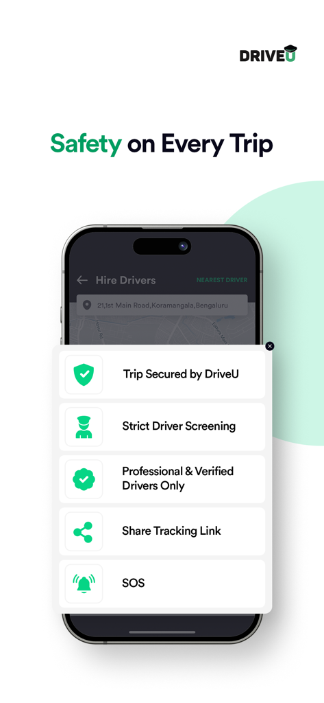 DriveU: Car Drivers & Services - DriveU app interface highlighting safety features like driver screening and SOS