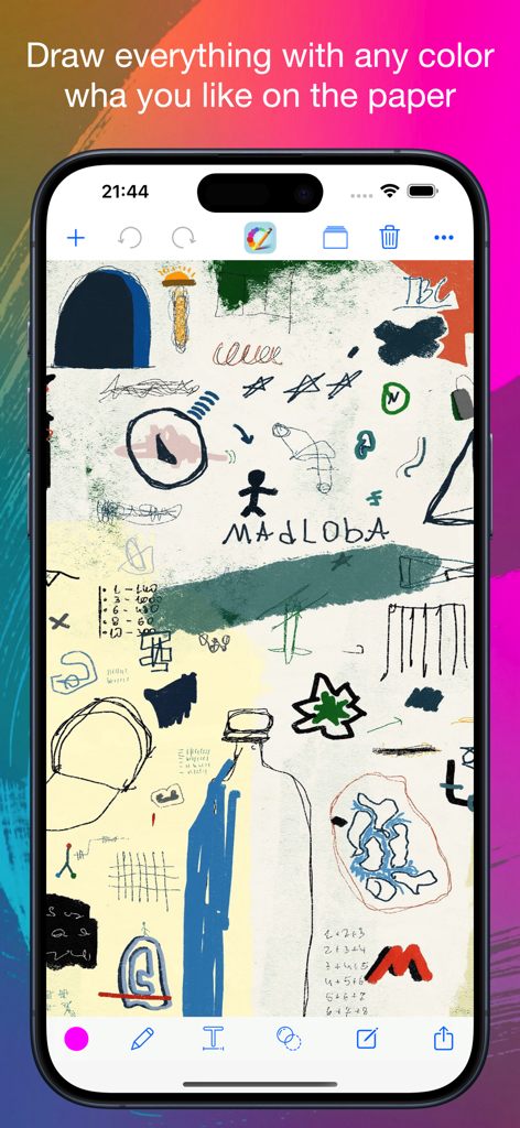 Interface of Draw Painter app featuring various colorful doodles on a digital paper canvas with drawing and editing tools at the bottom