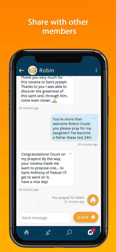 Una pantalla de chat dentro de la aplicación Hozana donde los miembros comparten intenciones de oración y ofrecen apoyo espiritual mutuamente.