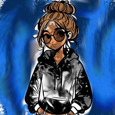 teen girl with a messy bun and glasses wearing a loose hoodie and jeans