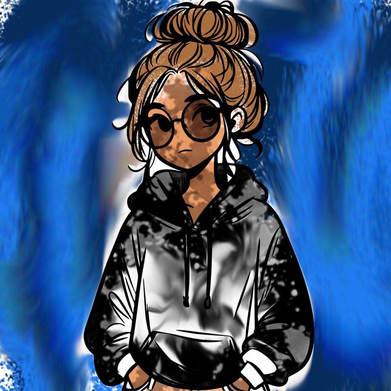 teen girl with a messy bun and glasses wearing a loose hoodie and jeans