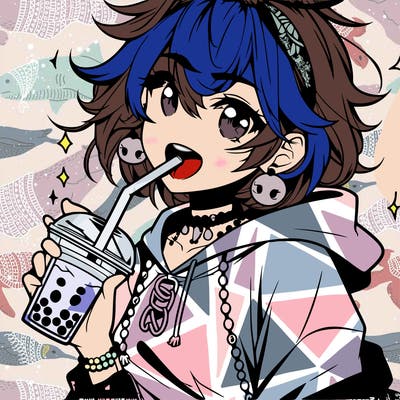 hot baddie anime girl drinking boba and biting the straw