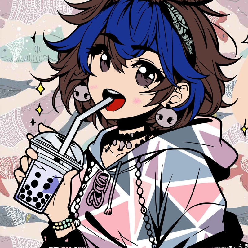 hot baddie anime girl drinking boba and biting the straw