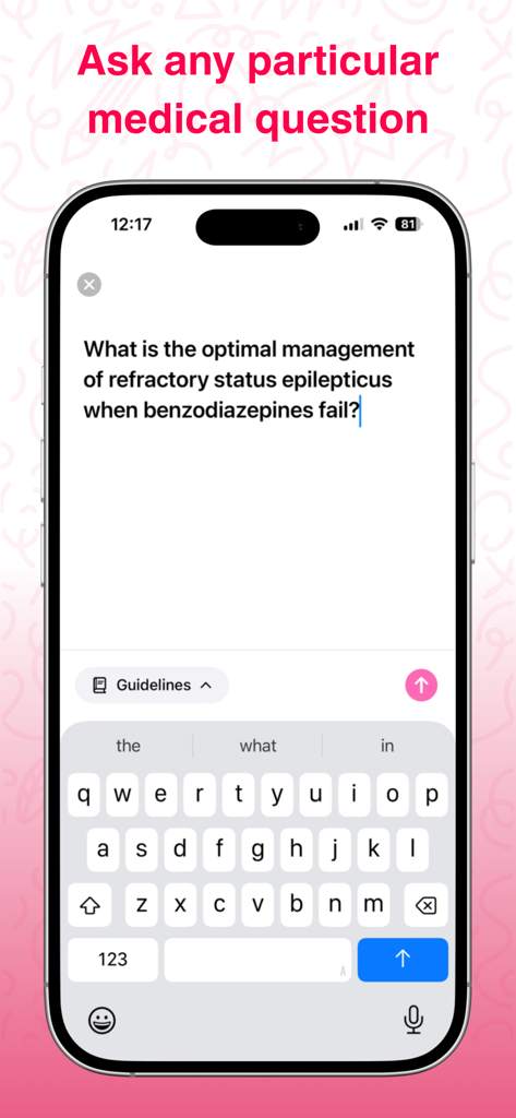 ProofMD - ProofMD app screen showing a user typing a clinical question about medical management.