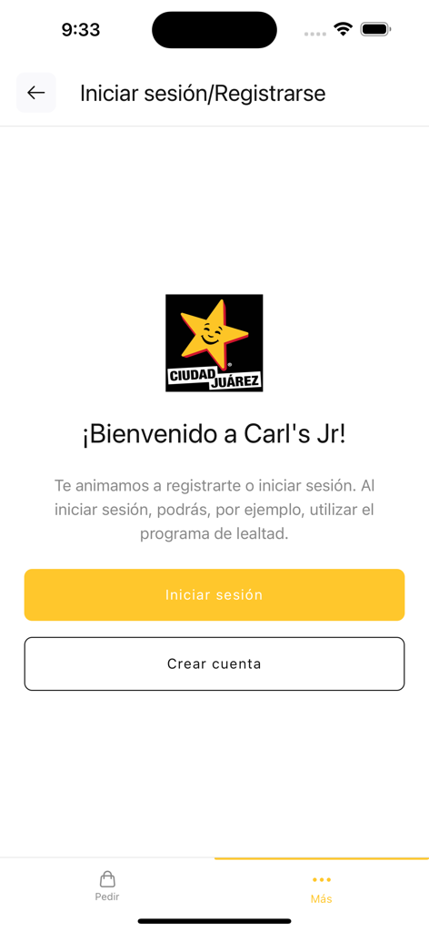 Carl's Jr. Chihuahua - Pantalla de inicio de sesión y registro de Carl's Jr. Chihuahua