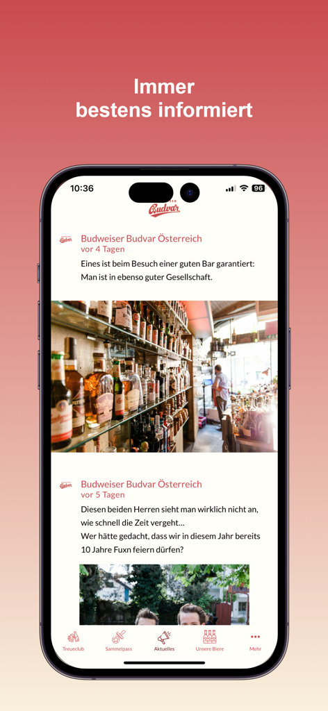 Budweiser Budvar Österreich app news feed with bar updates and social events