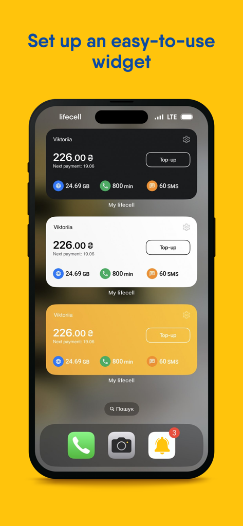Les widgets de mon application Lifecell sur l'écran de mon smartphone affichent le solde de mon compte et mes statistiques d'utilisation mobile.
