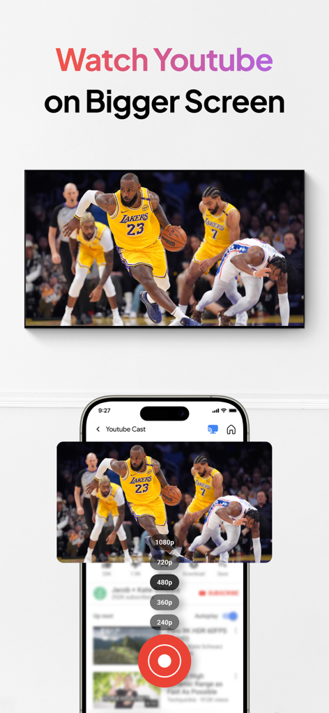 Screen Mirroring: Cast & TV - Una pantalla de iPhone reflejando un vídeo de baloncesto de YouTube en un gran televisor inteligente.