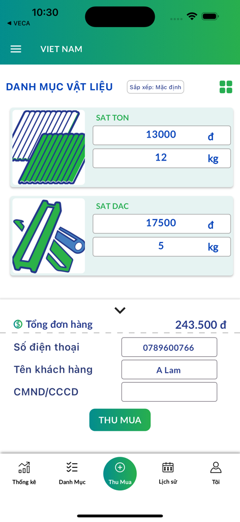 Veca Vua Ve Chai - Interfaz de la aplicación Veca para gestionar compras de chatarra con precios de materiales e información del cliente.