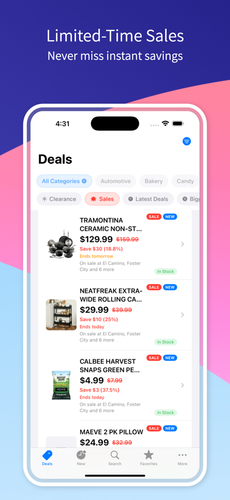 A mobile phone displaying the Warehouse Runner app deals page with various discounted household items and price drop alerts