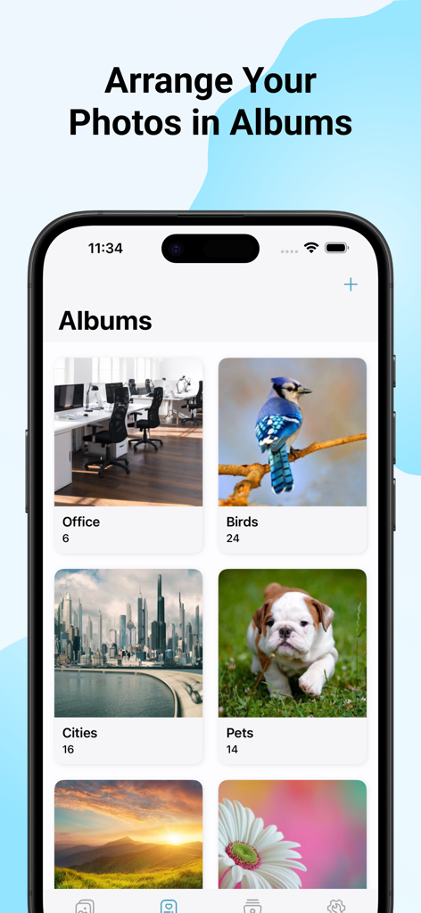 Gallery - Photo Locker - Interface of the Gallery app showing organized photo albums for Office Birds and Cities