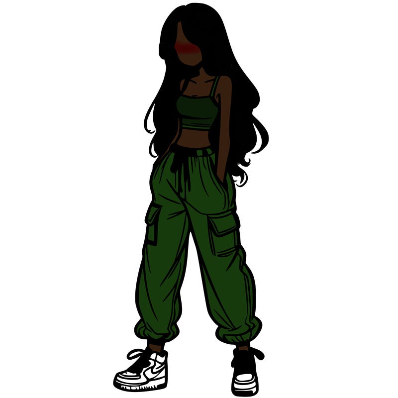 girl in baggy pants crop top and long hair