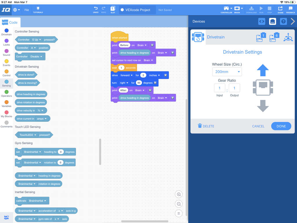 VEXcode IQ - VEXcode IQ iPad app interface showing block-based coding and robot drivetrain configuration settings