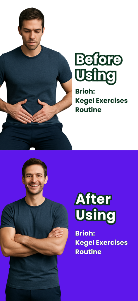 Kegel Men: Breathing Exercises - Vorher-Nachher-Vergleich, der einen besorgten Mann zeigt, der sich nach der Verwendung der Brioh Kegel Übungs-App selbstbewusst fühlt
