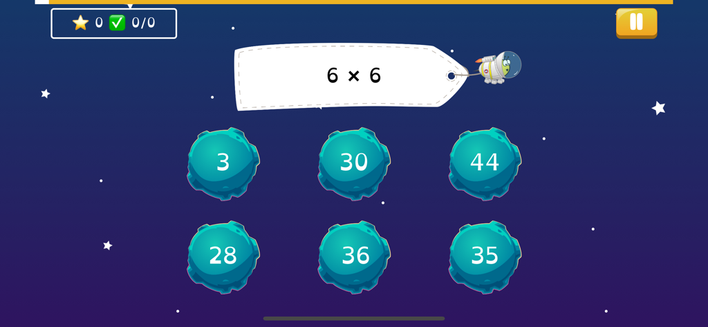 Math Shed - Math Shed app interface featuring a multiplication problem in a space themed game with multiple choice answers on planets