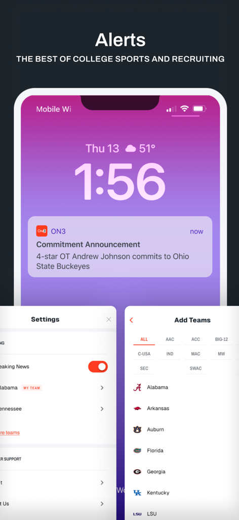 On3 app screens showing college football recruiting alerts and team notification settings